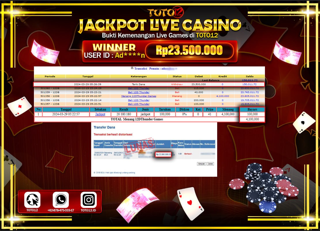 HANYA DI TOTO12 JP PASTI DI BAYAR LUNAS DAN CEPAT!!!!!! JACKPOT LIVE CASINO GAME ( THUNDER GAMES ) Rp.23.500.000 !!!!