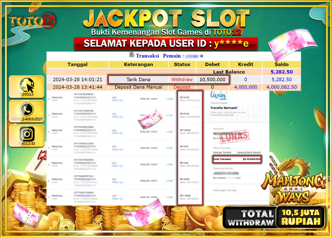 HANYA DI TOTO12 JP PASTI DI BAYAR LUNAS DAN CEPAT!!!!!! JACKPOT SLOT GAME ( MAHJONG WAYS ) Rp.10.500.000 !!!!