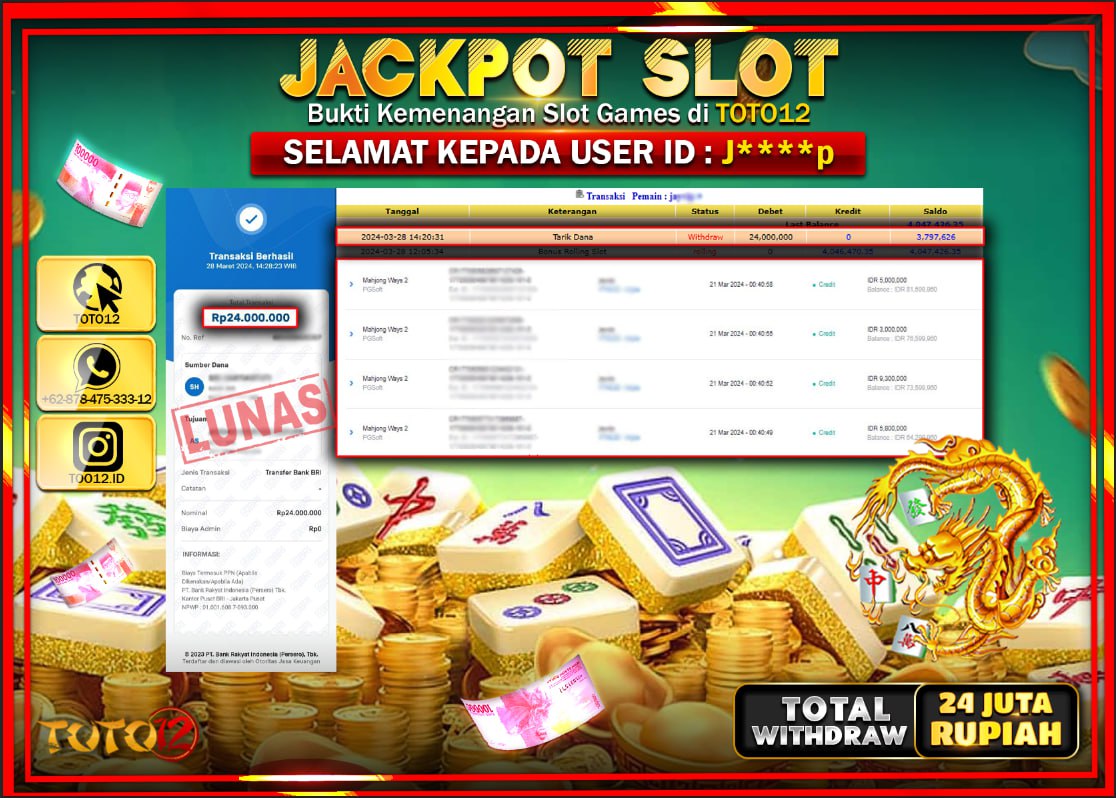 HANYA DI TOTO12 JP PASTI DI BAYAR LUNAS DAN CEPAT!!!!!! JACKPOT SLOT GAME ( MAHJONG WAYS 2 ) Rp.24.000.000 !!!!