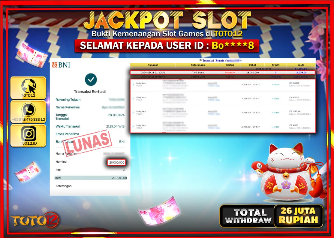 HANYA DI TOTO12 JP PASTI DI BAYAR LUNAS DAN CEPAT!!!!!! JACKPOT SLOT GAME ( LUCKY NEKO ) Rp.26.000.000 !!!!
