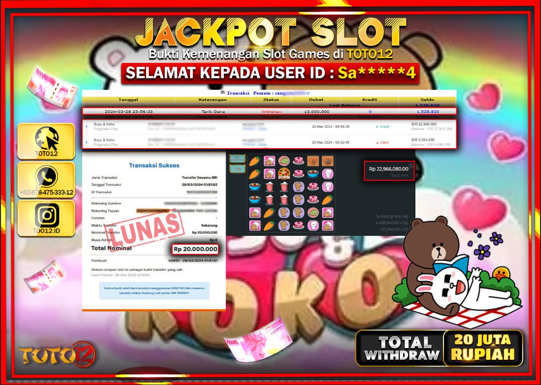 HANYA DI TOTO12 JP PASTI DI BAYAR LUNAS DAN CEPAT!!!!!! JACKPOT SLOT GAME ( SUSU & KOKO ) Rp.20.000.000 !!!!