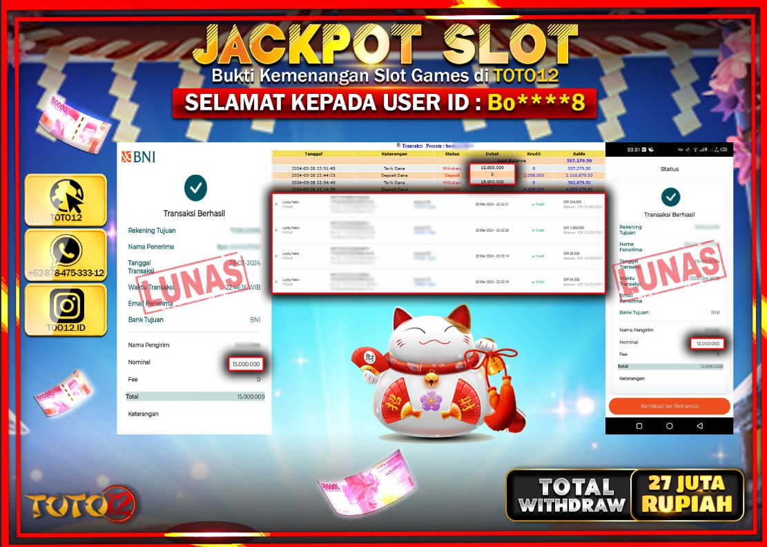 HANYA DI TOTO12 JP PASTI DI BAYAR LUNAS DAN CEPAT!!!!!! JACKPOT SLOT GAME ( LUCKY NEKO ) Rp.27.000.000 !!!!
