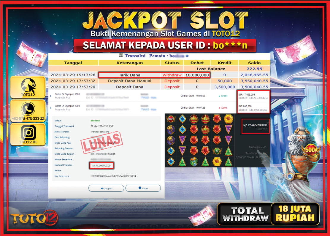 HANYA DI TOTO12 JP PASTI DI BAYAR LUNAS DAN CEPAT!!!!!! JACKPOT SLOT GAME ( GATES OF OLYMPUS 1000 ) Rp.18.000.000 !!!!