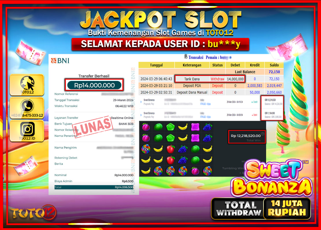 HANYA DI TOTO12 JP PASTI DI BAYAR LUNAS DAN CEPAT!!!!!! JACKPOT SLOT GAME ( SWEET BONANZA ) Rp.14.000.000 !!!!