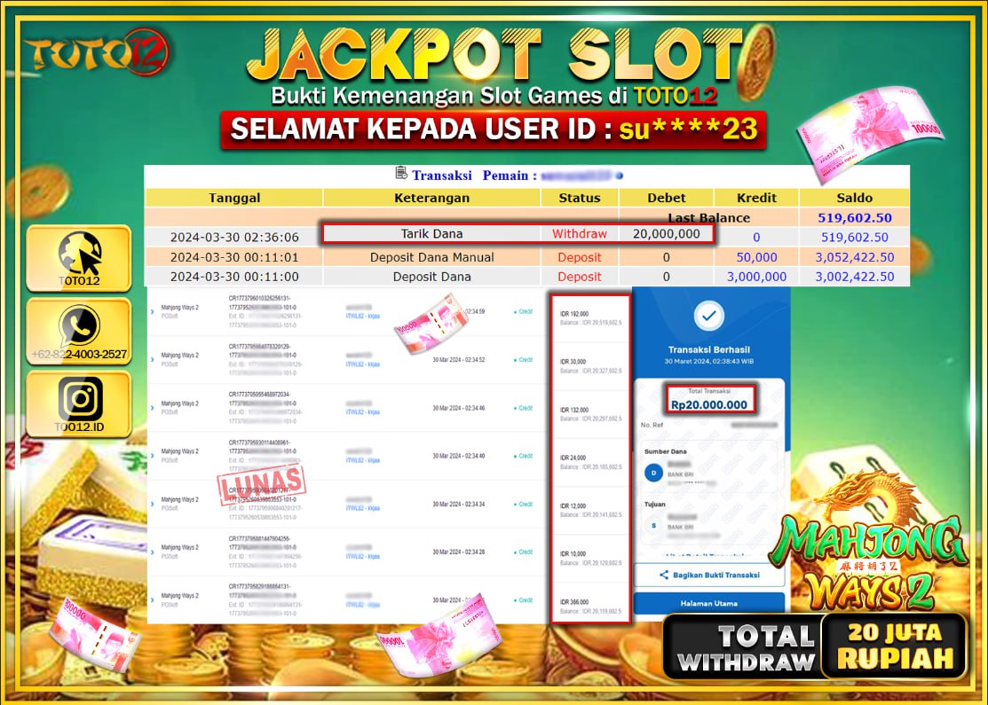 HANYA DI TOTO12 JP PASTI DI BAYAR LUNAS DAN CEPAT!!!!!! JACKPOT SLOT GAME ( MAHJONG WAYS ) Rp.20.000.000 !!!!