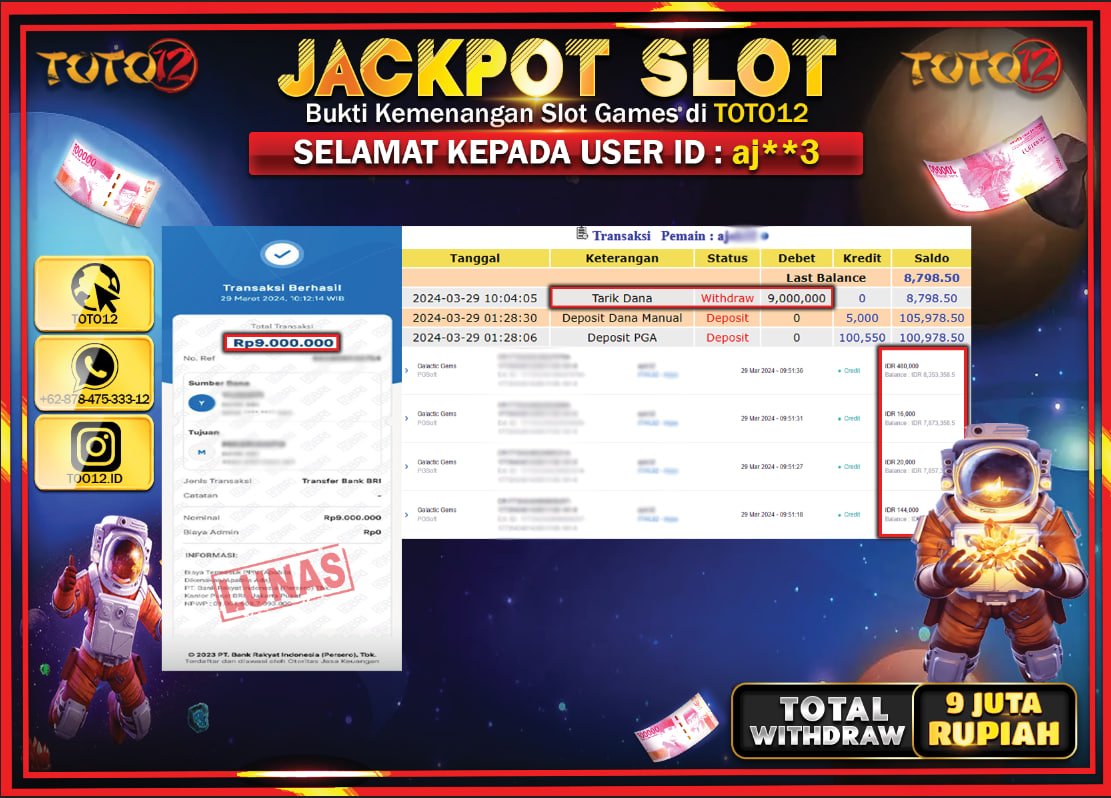 HANYA DI TOTO12 JP PASTI DI BAYAR LUNAS DAN CEPAT!!!!!! JACKPOT SLOT GAME ( GALACTIC GEMS ) Rp.9.000.000 !!!!