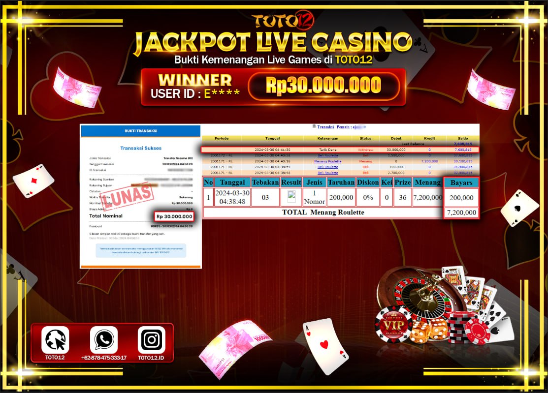 HANYA DI TOTO12 JP PASTI DI BAYAR LUNAS DAN CEPAT!!!!!! JACKPOT LIVE CASINO GAME ( ROULETTE ) Rp.30.000.000 !!!!