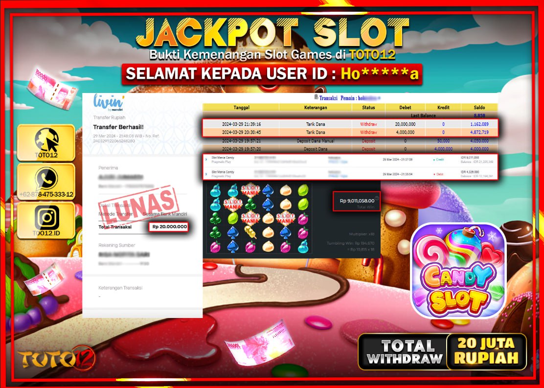 HANYA DI TOTO12 JP PASTI DI BAYAR LUNAS DAN CEPAT!!!!!! JACKPOT SLOT GAME ( SLOT MANIA CANDY ) Rp.20.000.000 !!!!