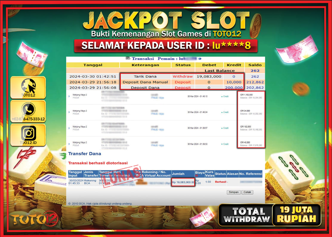 HANYA DI TOTO12 JP PASTI DI BAYAR LUNAS DAN CEPAT!!!!!! JACKPOT SLOT GAME ( MAHJONG WAYS 2 ) Rp.19.083.000 !!!!