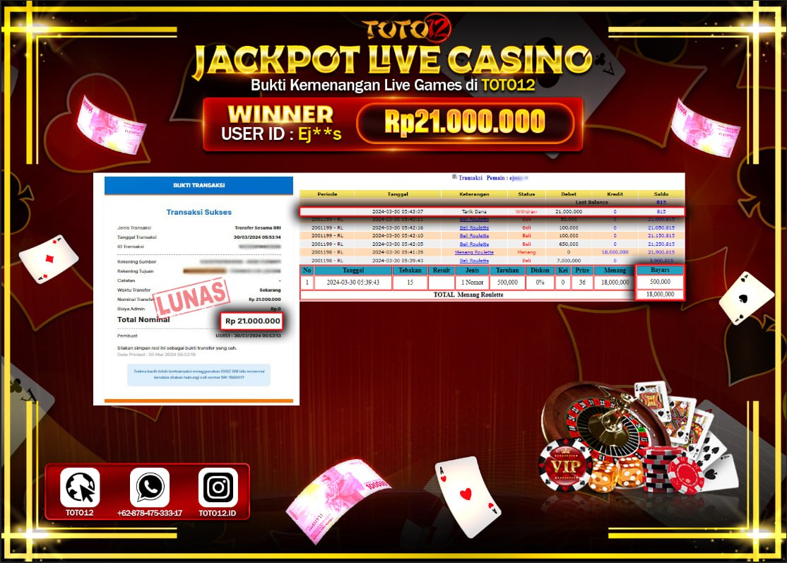 HANYA DI TOTO12 JP PASTI DI BAYAR LUNAS DAN CEPAT!!!!!! JACKPOT LIVE CASINO GAME ( ROULETTE ) Rp.21.000.000 !!!!