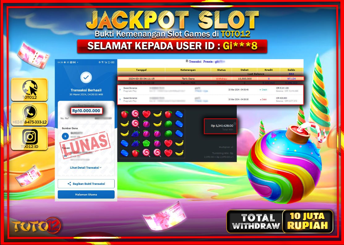 HANYA DI TOTO12 JP PASTI DI BAYAR LUNAS DAN CEPAT!!!!!! JACKPOT SLOT GAME ( SWEET BONANZA ) Rp.10.000.000 !!!!