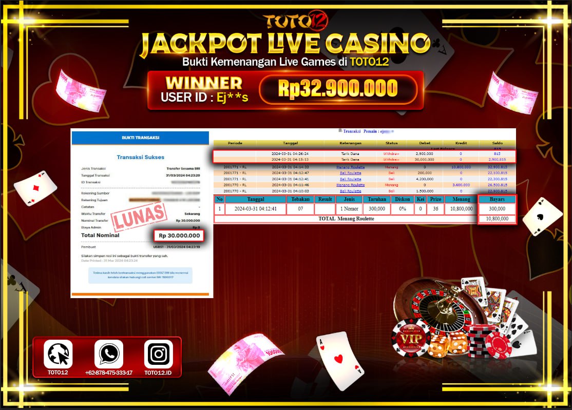 HANYA DI TOTO12 JP PASTI DI BAYAR LUNAS DAN CEPAT!!!!!! JACKPOT LIVE CASINO GAME ( ROULETTE ) Rp.32.900.000 !!!!