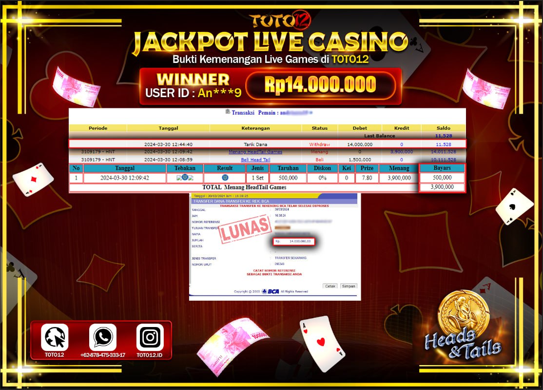 HANYA DI TOTO12 JP PASTI DI BAYAR LUNAS DAN CEPAT!!!!!! JACKPOT LIVE CASINO GAME ( HEAD TAIL ) Rp.14.000.000 !!!!