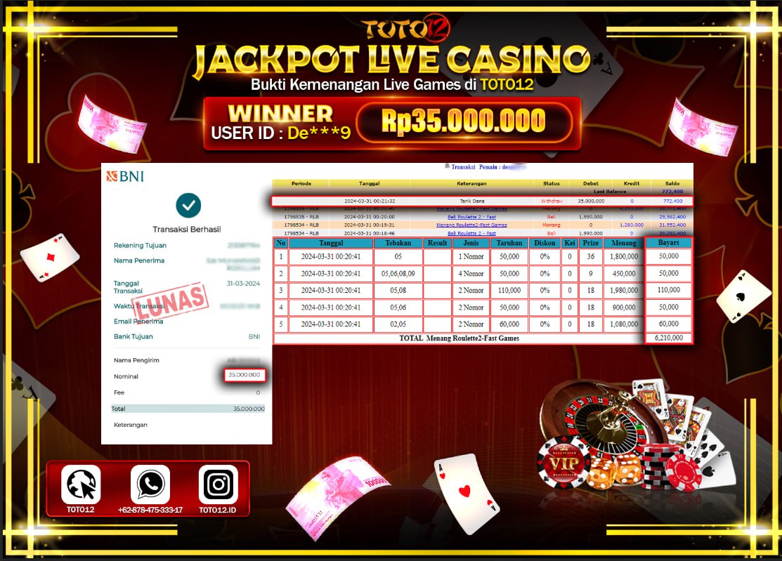 HANYA DI TOTO12 JP PASTI DI BAYAR LUNAS DAN CEPAT!!!!!! JACKPOT LIVE CASINO GAME ( ROULETTE 2 ) Rp.35.000.000 !!!!