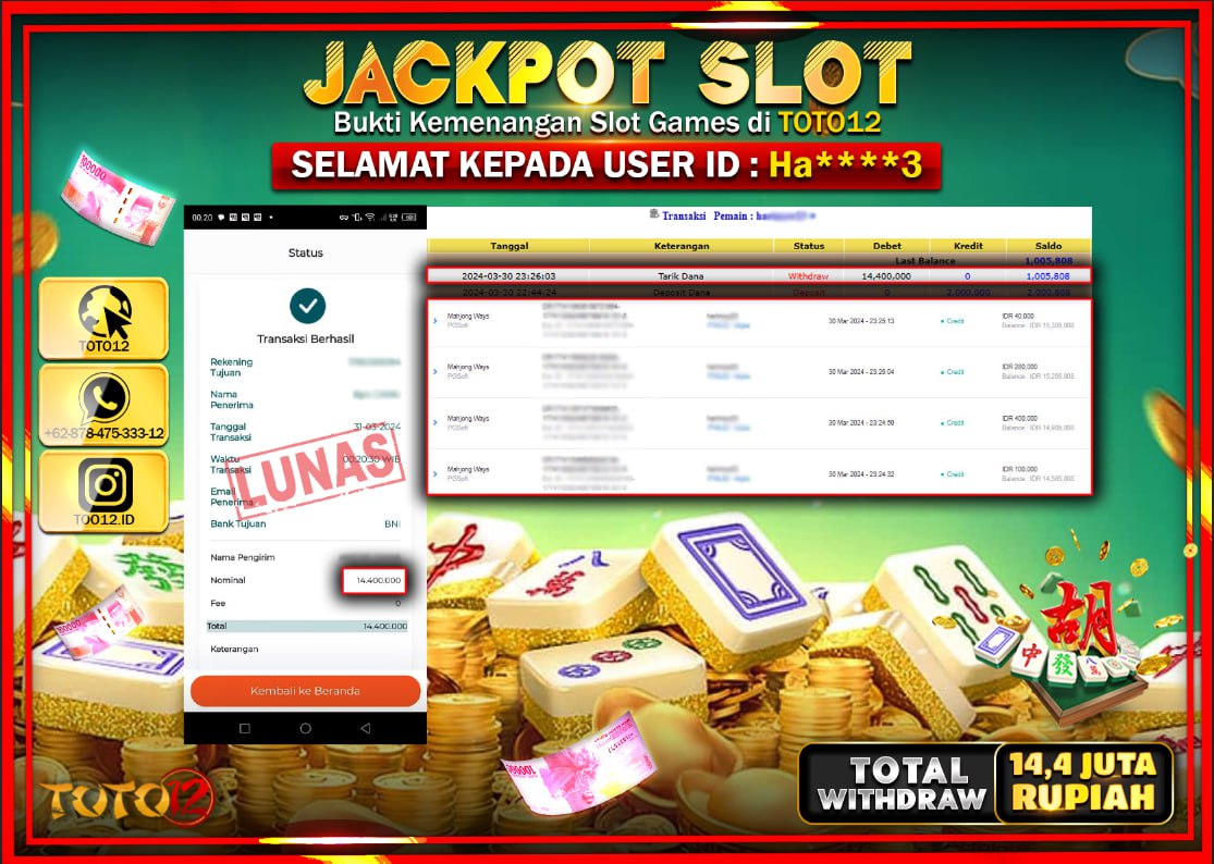 HANYA DI TOTO12 JP PASTI DI BAYAR LUNAS DAN CEPAT!!!!!! JACKPOT SLOT GAME ( MAHJONG WAYS ) Rp.14.000.000 !!!!