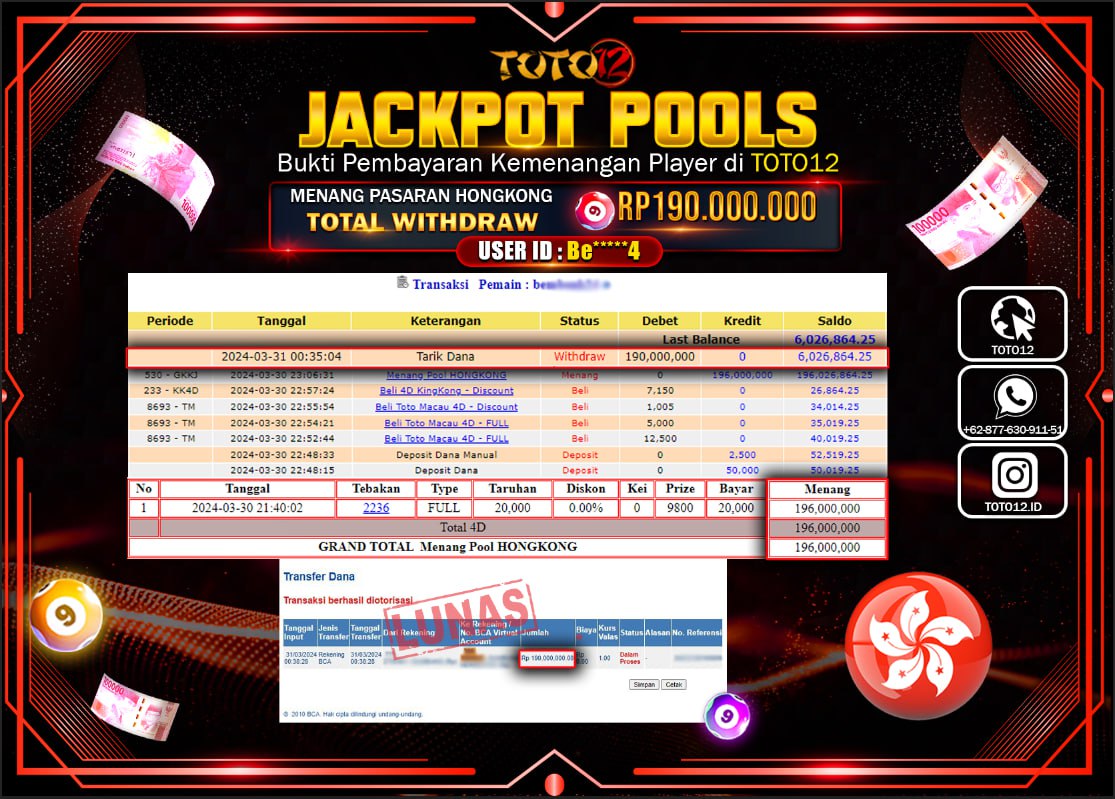 HANYA DI TOTO12 JP PASTI DI BAYAR LUNAS DAN CEPAT!!!!!! JACKPOT POOLS MENANG PASARAN ( HONGKONG ) Rp.190.000.000 !!!!
