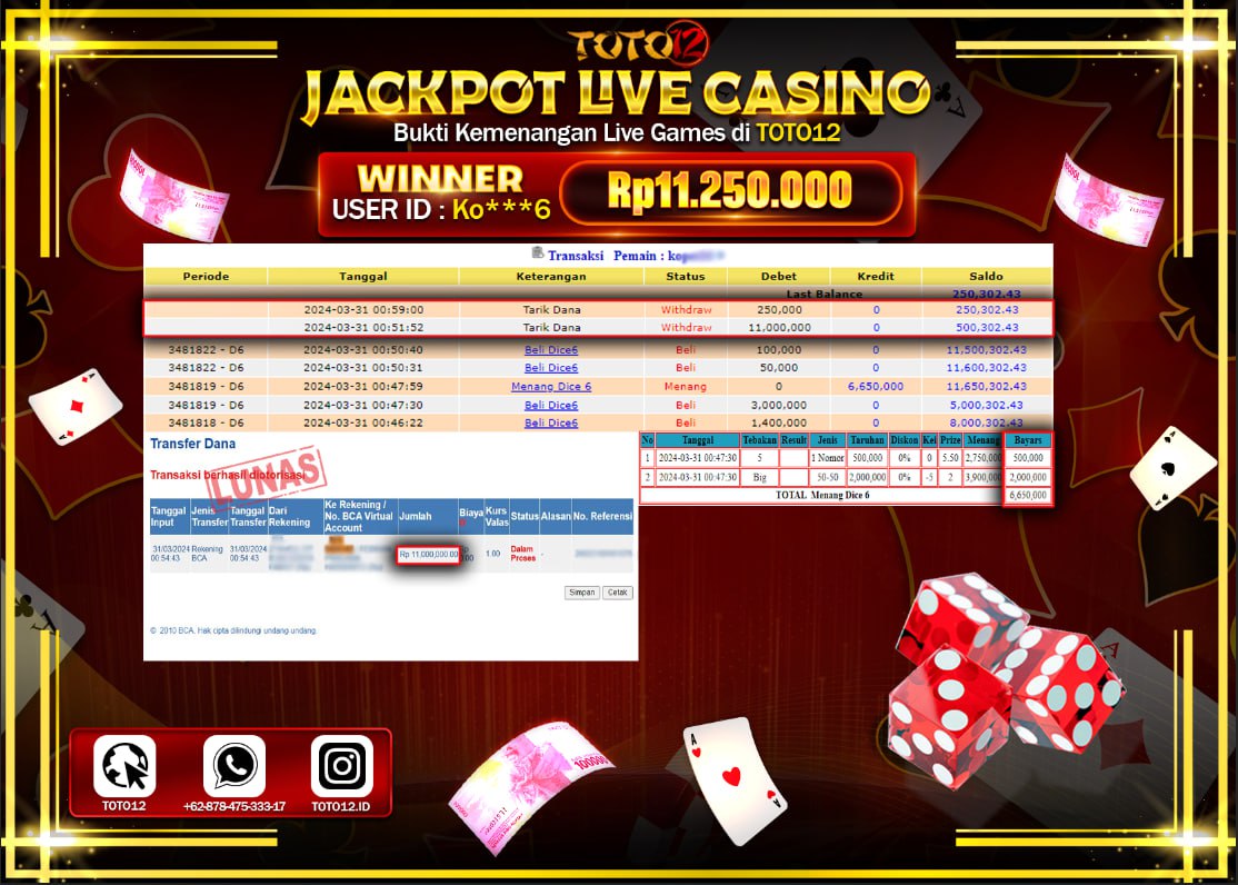 HANYA DI TOTO12 JP PASTI DI BAYAR LUNAS DAN CEPAT!!!!!! JACKPOT LIVE CASINO GAME ( DICE 6 ) Rp.11.250.000 !!!!
