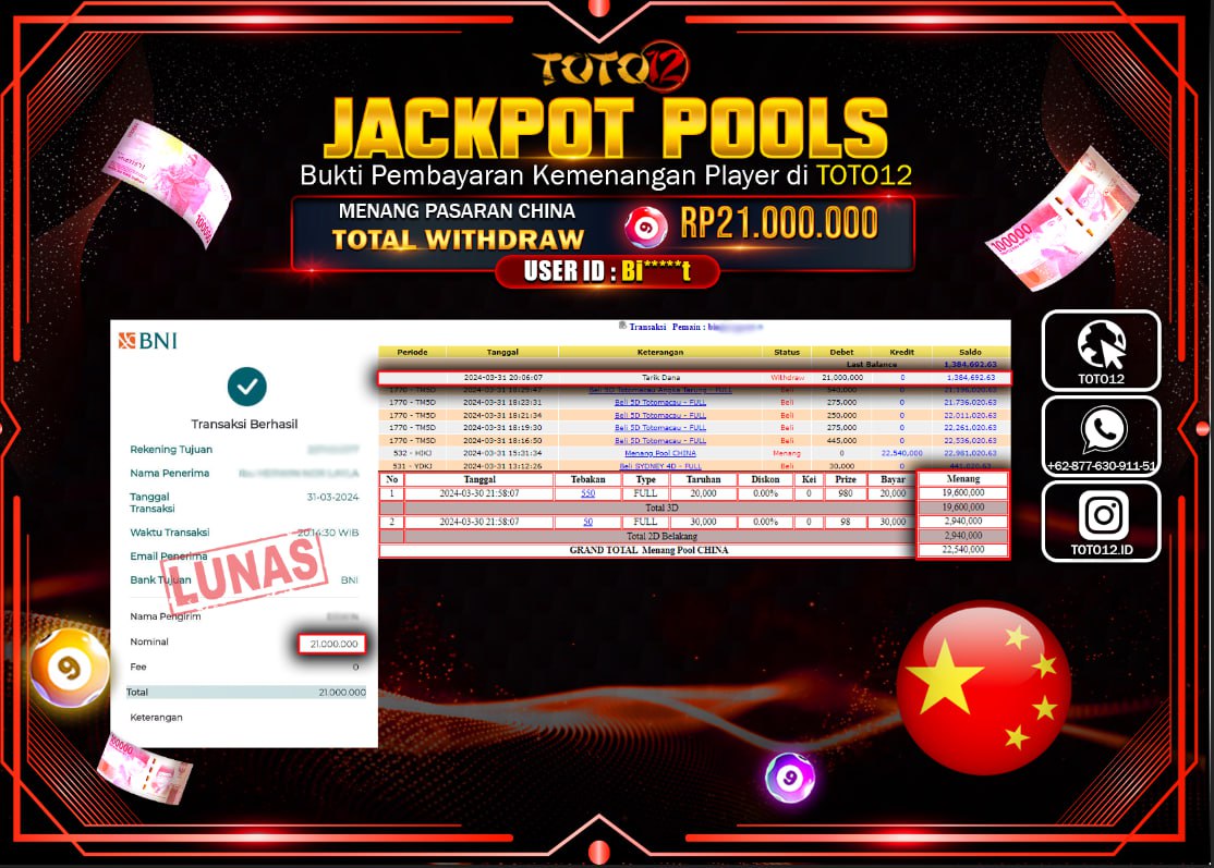 HANYA DI TOTO12 JP PASTI DI BAYAR LUNAS DAN CEPAT!!!!!! JACKPOT POOLS MENANG PASARAN ( CHINA ) Rp.21.000.000 !!!!