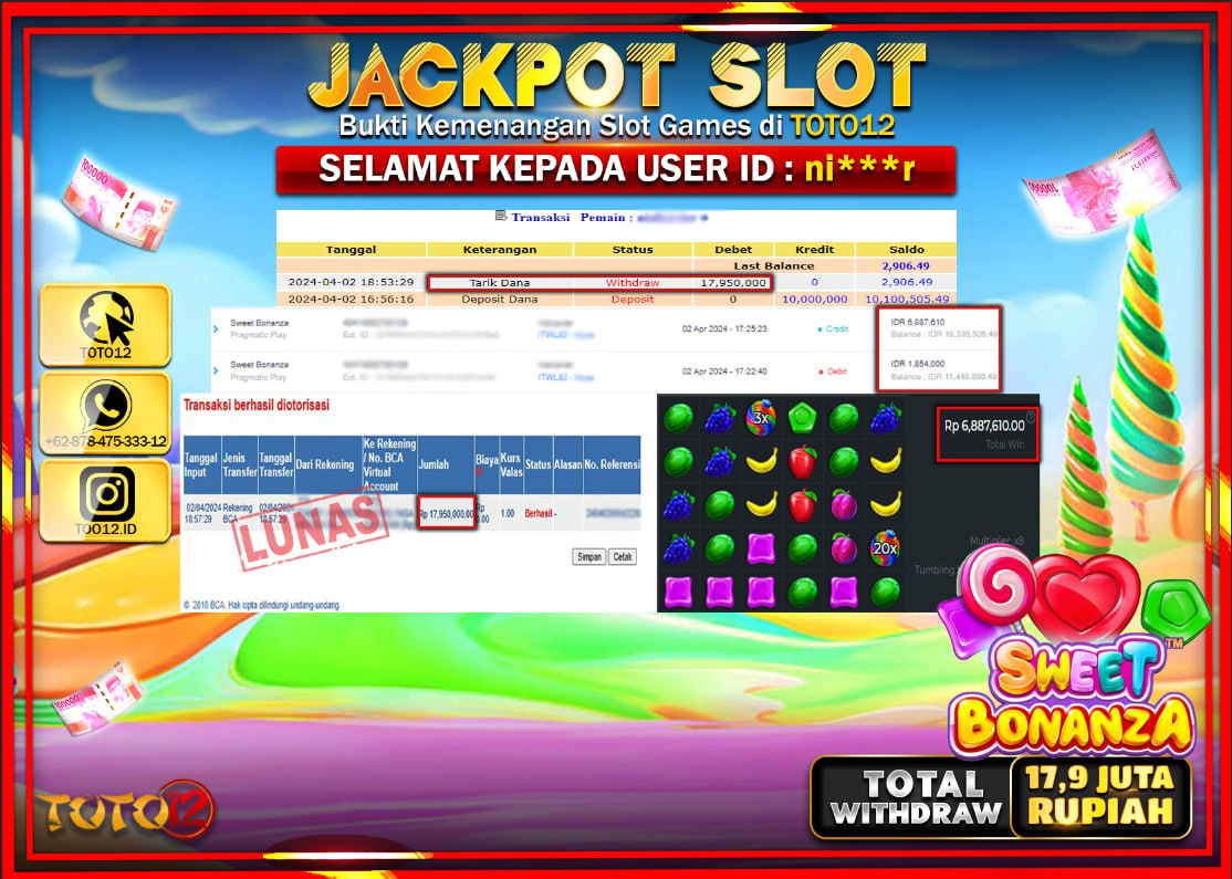 HANYA DI TOTO12 JP PASTI DI BAYAR LUNAS DAN CEPAT!!!!!! JACKPOT SLOT GAME ( SWEET BONANZA ) Rp.17.950.000 !!!!