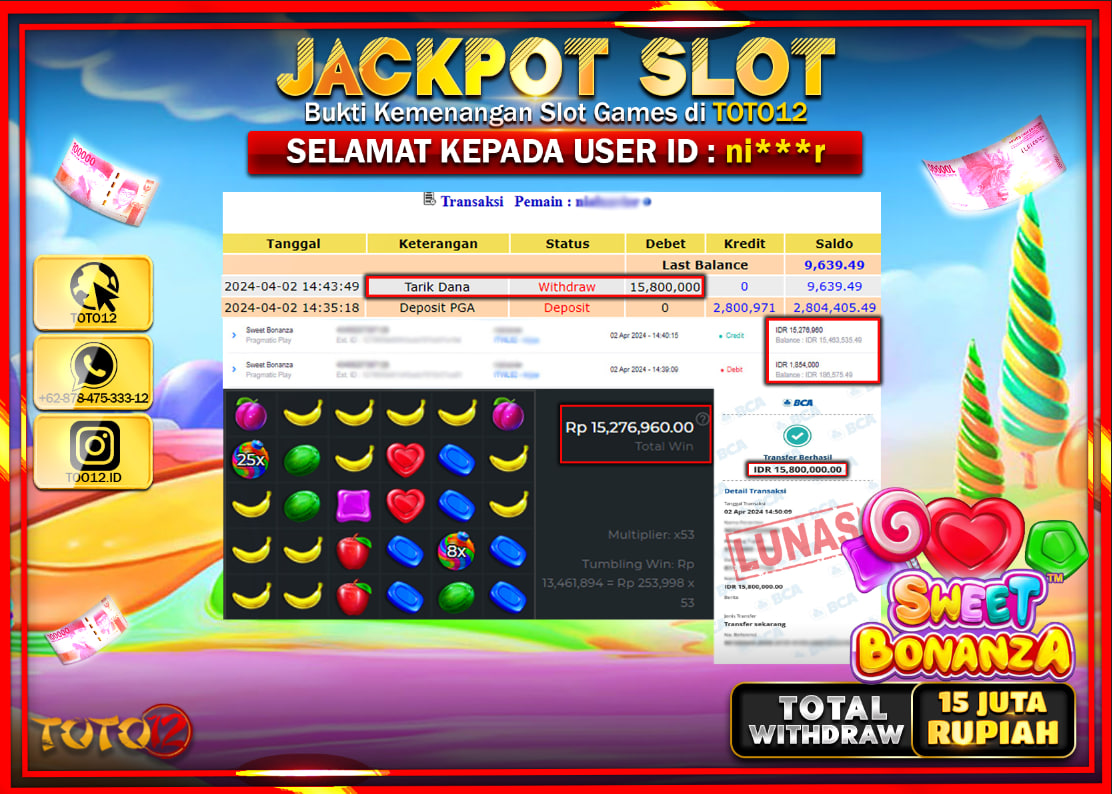 HANYA DI TOTO12 JP PASTI DI BAYAR LUNAS DAN CEPAT!!!!!! JACKPOT SLOT GAME ( SWEET BONANZA ) Rp.15.800.000 !!!!