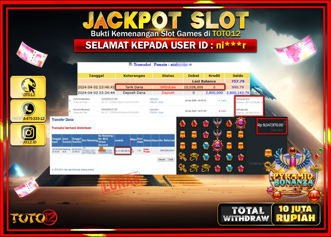 HANYA DI TOTO12 JP PASTI DI BAYAR LUNAS DAN CEPAT!!!!!! JACKPOT SLOT GAME ( PYRAMID BONANZA ) Rp.10.000.000 !!!!