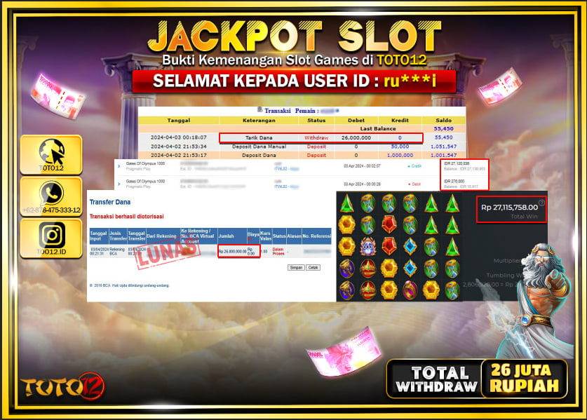HANYA DI TOTO12 JP PASTI DI BAYAR LUNAS DAN CEPAT!!!!!! JACKPOT SLOT GAME ( GATES OF OLYMPUS 1000 ) Rp.26.000.000 !!!!