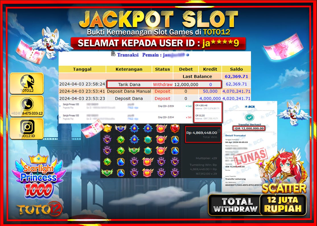 HANYA DI TOTO12 JP PASTI DI BAYAR LUNAS DAN CEPAT!!!!!! JACKPOT SLOT GAME ( STARLIGHT PRINCES 1000 ) Rp.12.000.000 !!!!