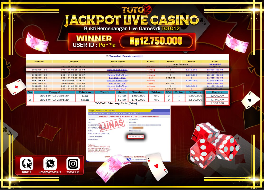 HANYA DI TOTO12 JP PASTI DI BAYAR LUNAS DAN CEPAT!!!!!! JACKPOT LIVE CASINO GAME ( SICBO DICE ) Rp.12.750.000 !!!!