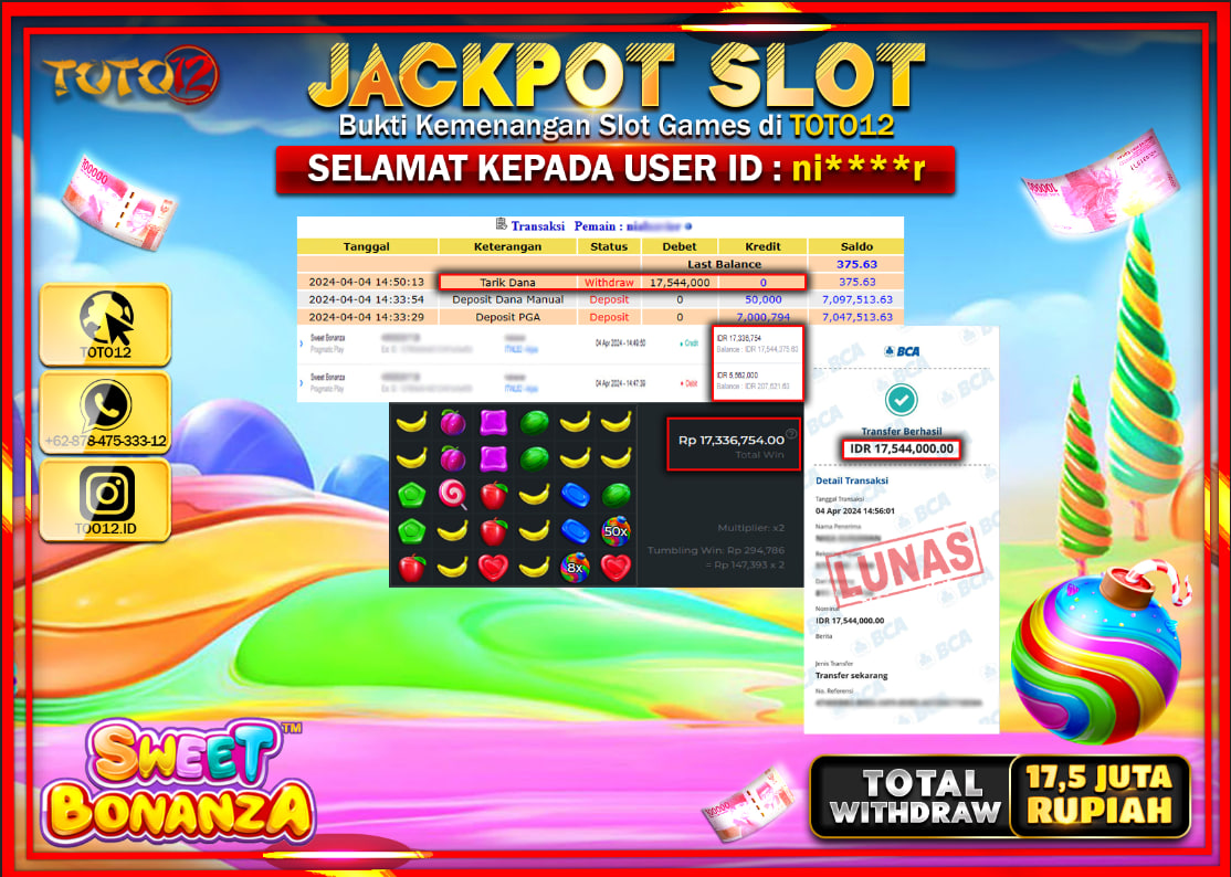 HANYA DI TOTO12 JP PASTI DI BAYAR LUNAS DAN CEPAT!!!!!! JACKPOT SLOT GAME ( SWEET BONANZA ) Rp.17.544.000 !!!!
