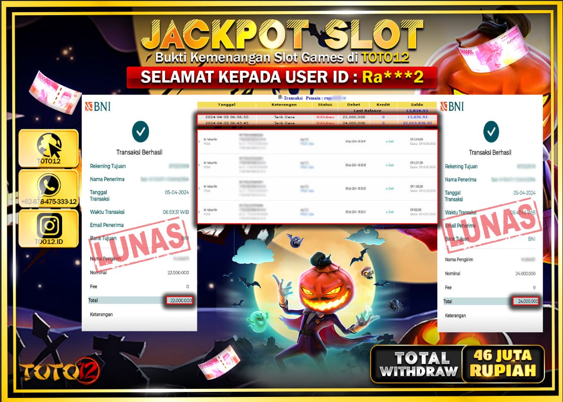 HANYA DI TOTO12 JP PASTI DI BAYAR LUNAS DAN CEPAT!!!!!! JACKPOT SLOT GAME ( MR HALLOW WIN ) Rp.46.000.000 !!!!