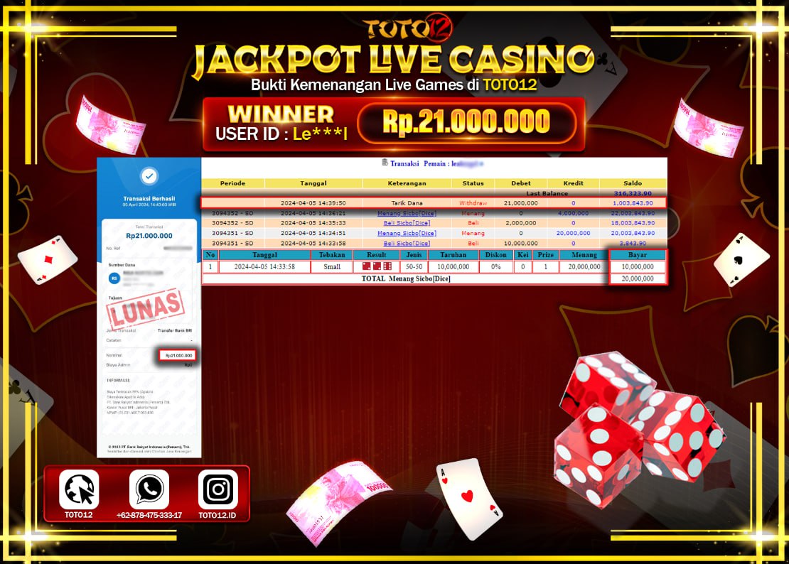 HANYA DI TOTO12 JP PASTI DI BAYAR LUNAS DAN CEPAT!!!!!! JACKPOT LIVE CASINO GAME ( SICBO DICE ) Rp.21.000.000 !!!!