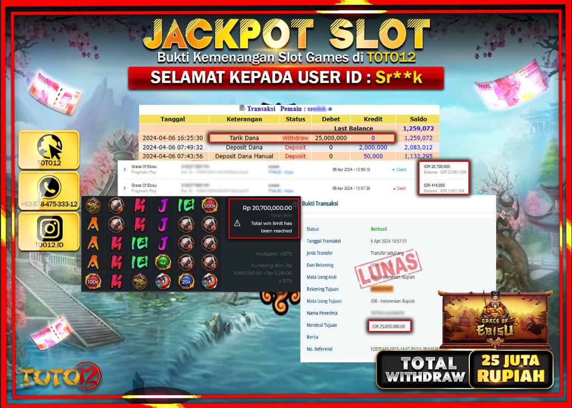 HANYA DI TOTO12 JP PASTI DI BAYAR LUNAS DAN CEPAT!!!!!! JACKPOT SLOT GAME ( GRACE OF EBISU ) Rp.25.000.000 !!!!