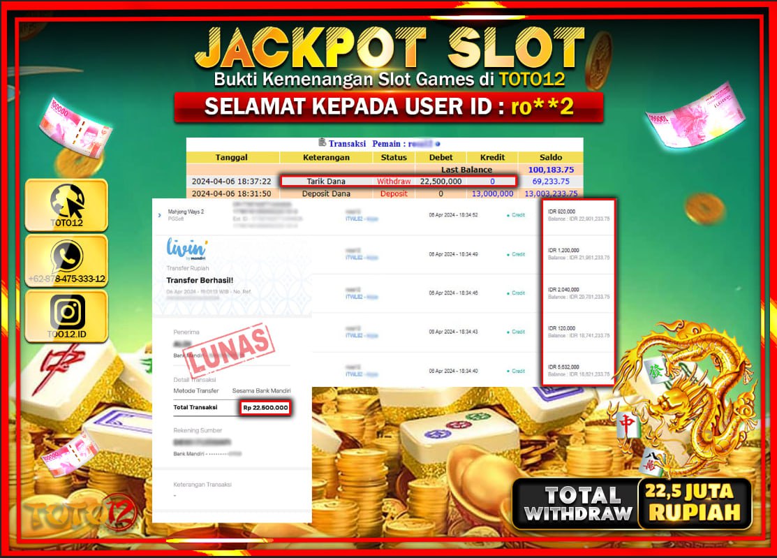 HANYA DI TOTO12 JP PASTI DI BAYAR LUNAS DAN CEPAT!!!!!! JACKPOT SLOT GAME ( MAHJONG WAYS 2 ) Rp.22.500.000 !!!!