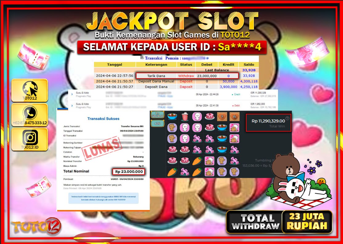 HANYA DI TOTO12 JP PASTI DI BAYAR LUNAS DAN CEPAT!!!!!! JACKPOT SLOT GAME ( SUSU & KOKO ) Rp.23.000.000 !!!!