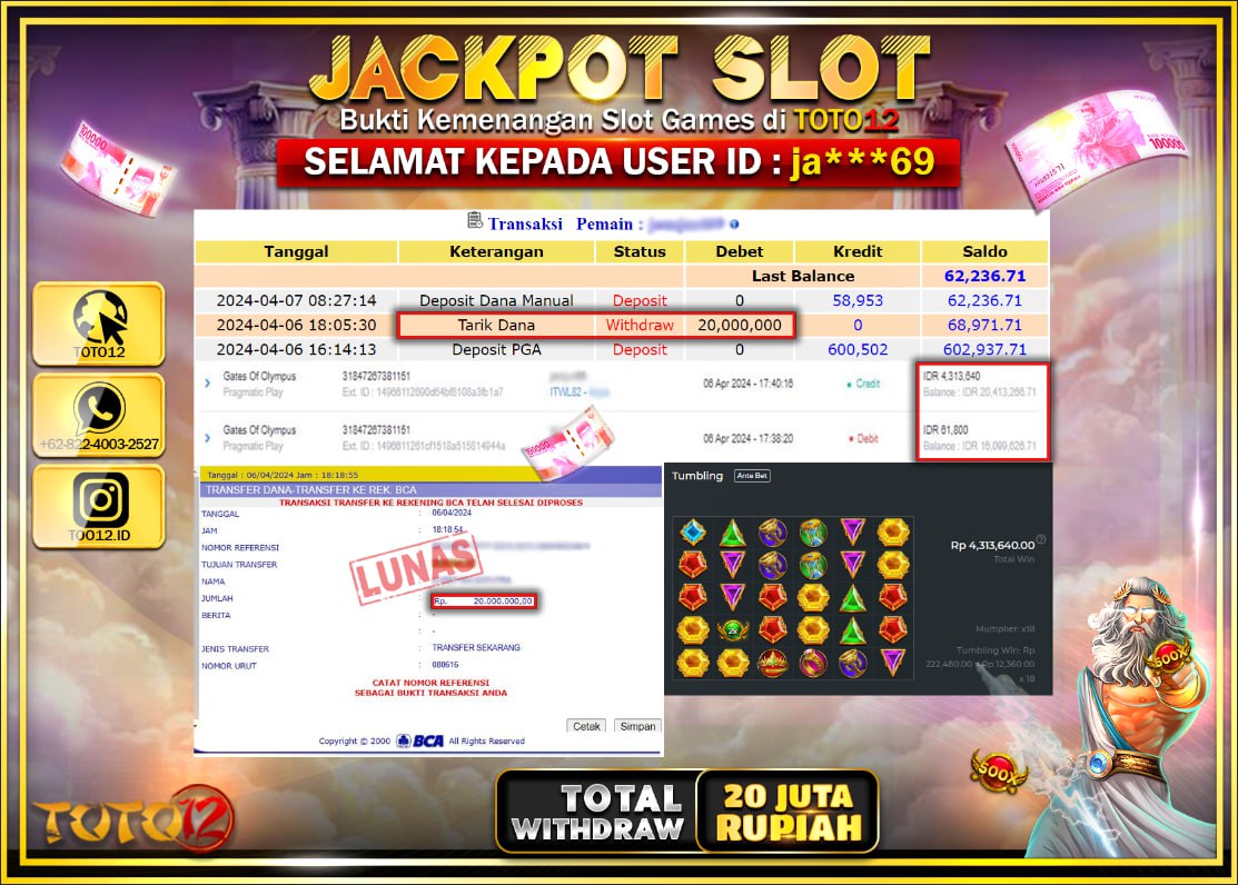 HANYA DI TOTO12 JP PASTI DI BAYAR LUNAS DAN CEPAT!!!!!! JACKPOT SLOT GAME ( GATES OF OLYMPUS ) Rp.20.000.000 !!!!