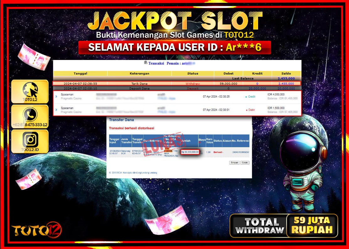 HANYA DI TOTO12 JP PASTI DI BAYAR LUNAS DAN CEPAT!!!!!! JACKPOT SLOT GAME ( SPACEMAN ) Rp.59.000.000 !!!!