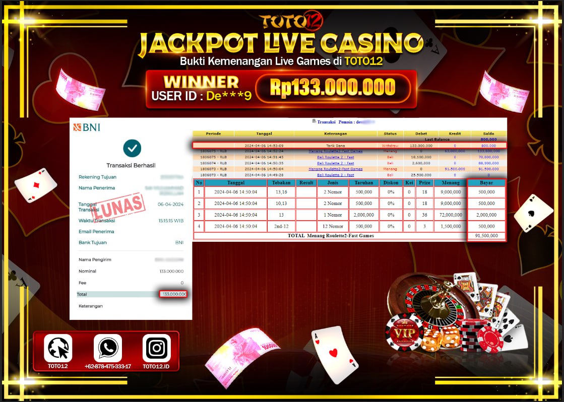 HANYA DI TOTO12 JP PASTI DI BAYAR LUNAS DAN CEPAT!!!!!! JACKPOT LIVE CASINO GAME ( ROULATTE 2 ) Rp.133.000.000 !!!!