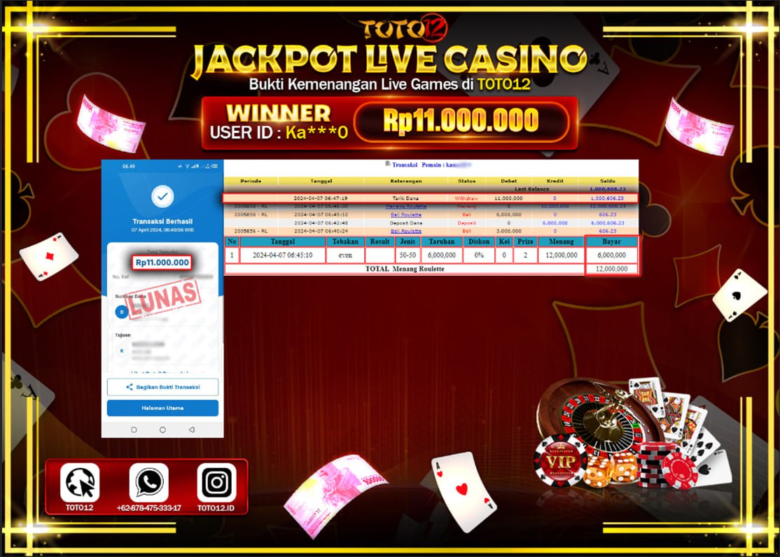 HANYA DI TOTO12 JP PASTI DI BAYAR LUNAS DAN CEPAT!!!!!! JACKPOT LIVE CASINO GAME ( ROULETTE ) Rp.12.000.000 !!!!