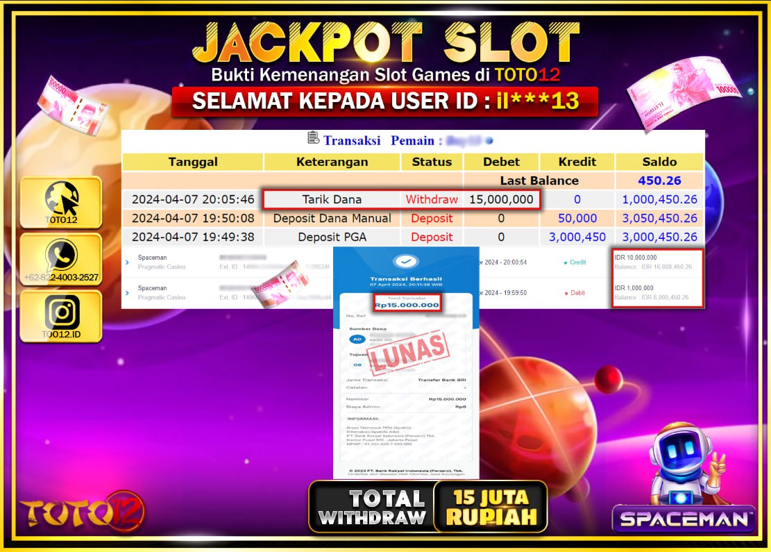 HANYA DI TOTO12 JP PASTI DI BAYAR LUNAS DAN CEPAT!!!!!! JACKPOT SLOT GAME ( SPACEMAN ) Rp.15.000.000 !!!!