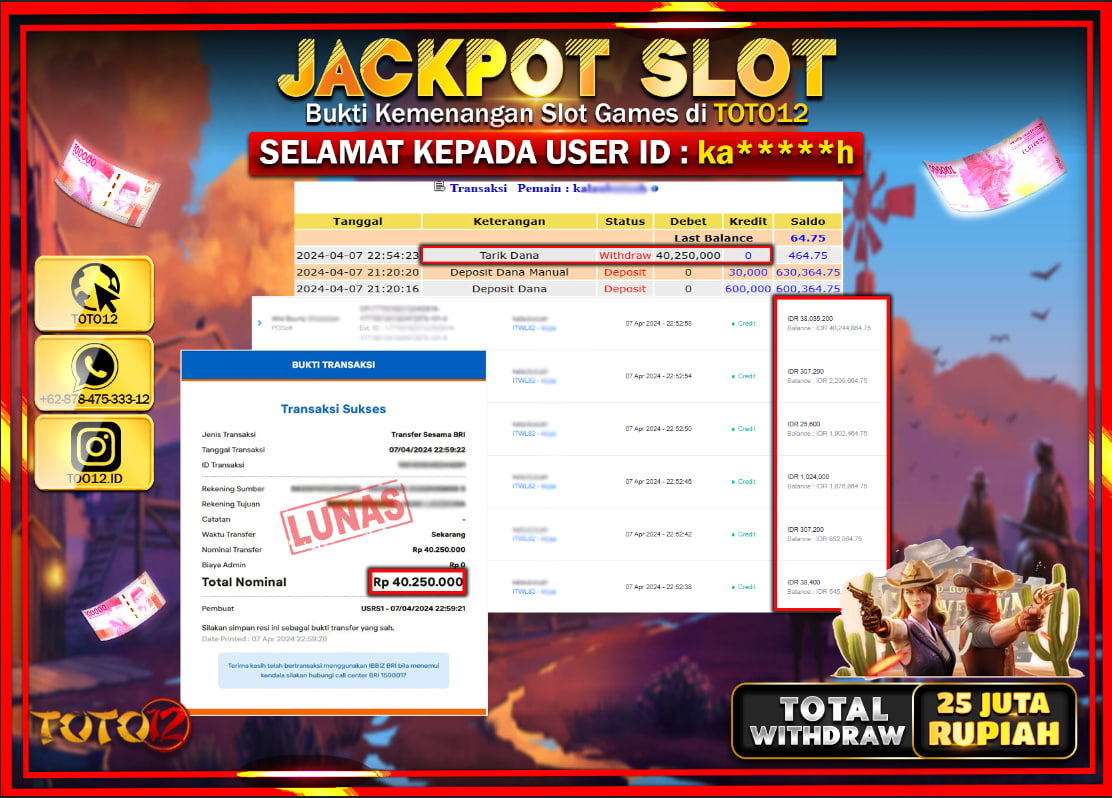 HANYA DI TOTO12 JP PASTI DI BAYAR LUNAS DAN CEPAT!!!!!! JACKPOT SLOT GAME ( WILD BOUNTY SHOUWDOWN ) Rp.10.000.000 !!!!