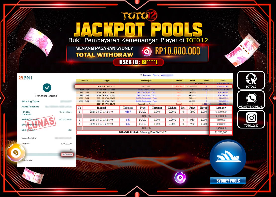 HANYA DI TOTO12 JP PASTI DI BAYAR LUNAS DAN CEPAT!!!!!! JACKPOT POOLS MENANG PASARAN ( SYDNEY POOLS ) Rp.10.000.000 !!!!