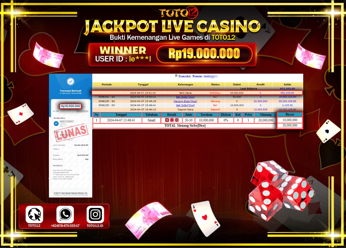HANYA DI TOTO12 JP PASTI DI BAYAR LUNAS DAN CEPAT!!!!!! JACKPOT LIVE CASINO GAME ( SICBO DICE ) Rp.19.000.000 !!!!
