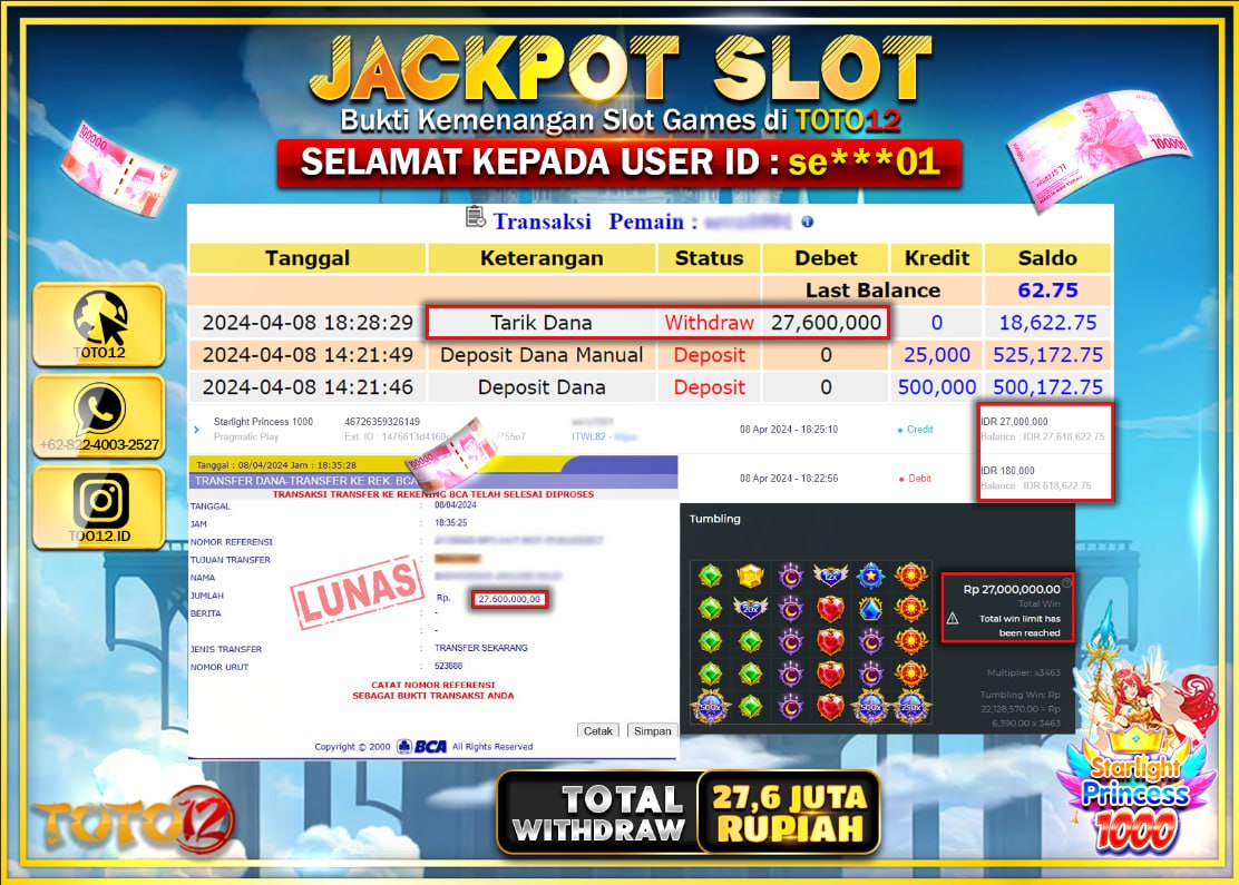 HANYA DI TOTO12 JP PASTI DI BAYAR LUNAS DAN CEPAT!!!!!! JACKPOT SLOT GAME ( STARLIGHT PRINCES 1000 ) Rp.27.600.000 !!!!