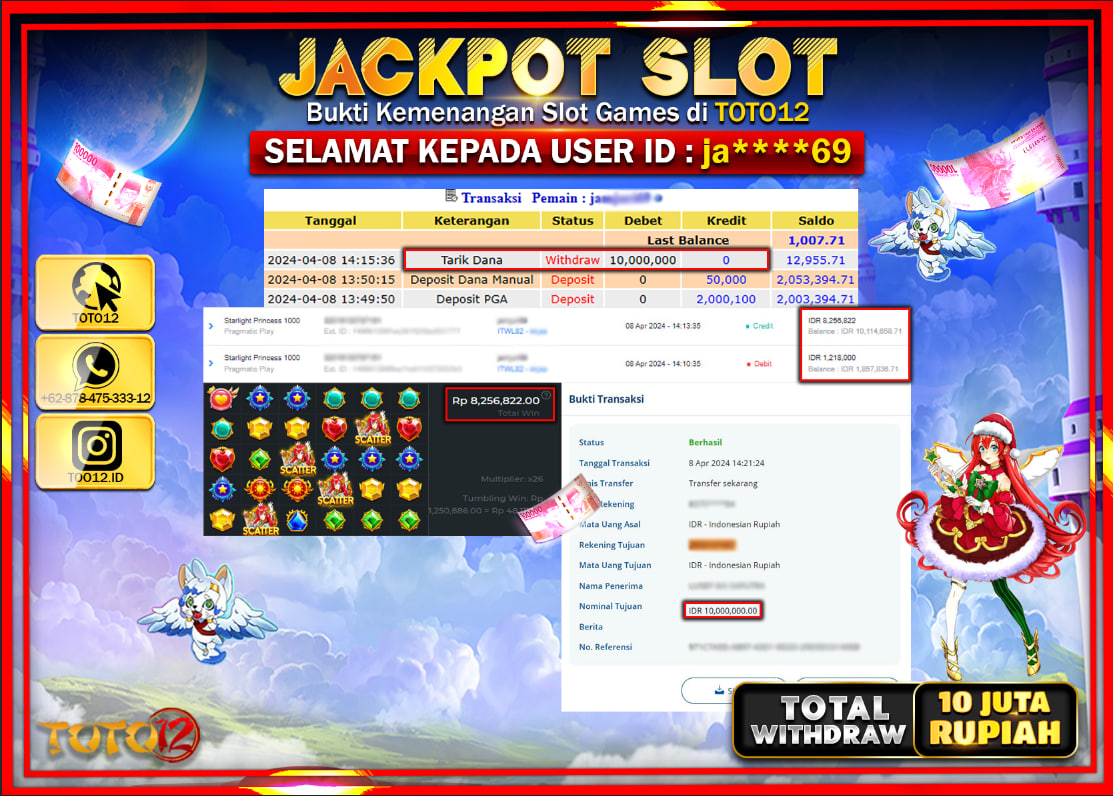 HANYA DI TOTO12 JP PASTI DI BAYAR LUNAS DAN CEPAT!!!!!! JACKPOT SLOT GAME ( STARLIGHT PRINCES 1000 ) Rp.10.000.000 !!!!