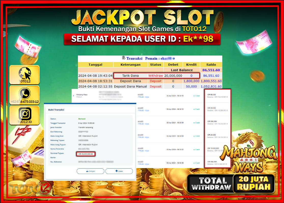 HANYA DI TOTO12 JP PASTI DI BAYAR LUNAS DAN CEPAT!!!!!! JACKPOT SLOT GAME ( MAHJONG WAYS ) Rp.20.000.000 !!!!