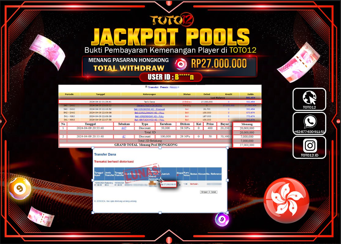 HANYA DI TOTO12 JP PASTI DI BAYAR LUNAS DAN CEPAT!!!!!! JACKPOT POOLS MENANG PASARAN ( HONGKONG ) Rp.27.000.000 !!!!