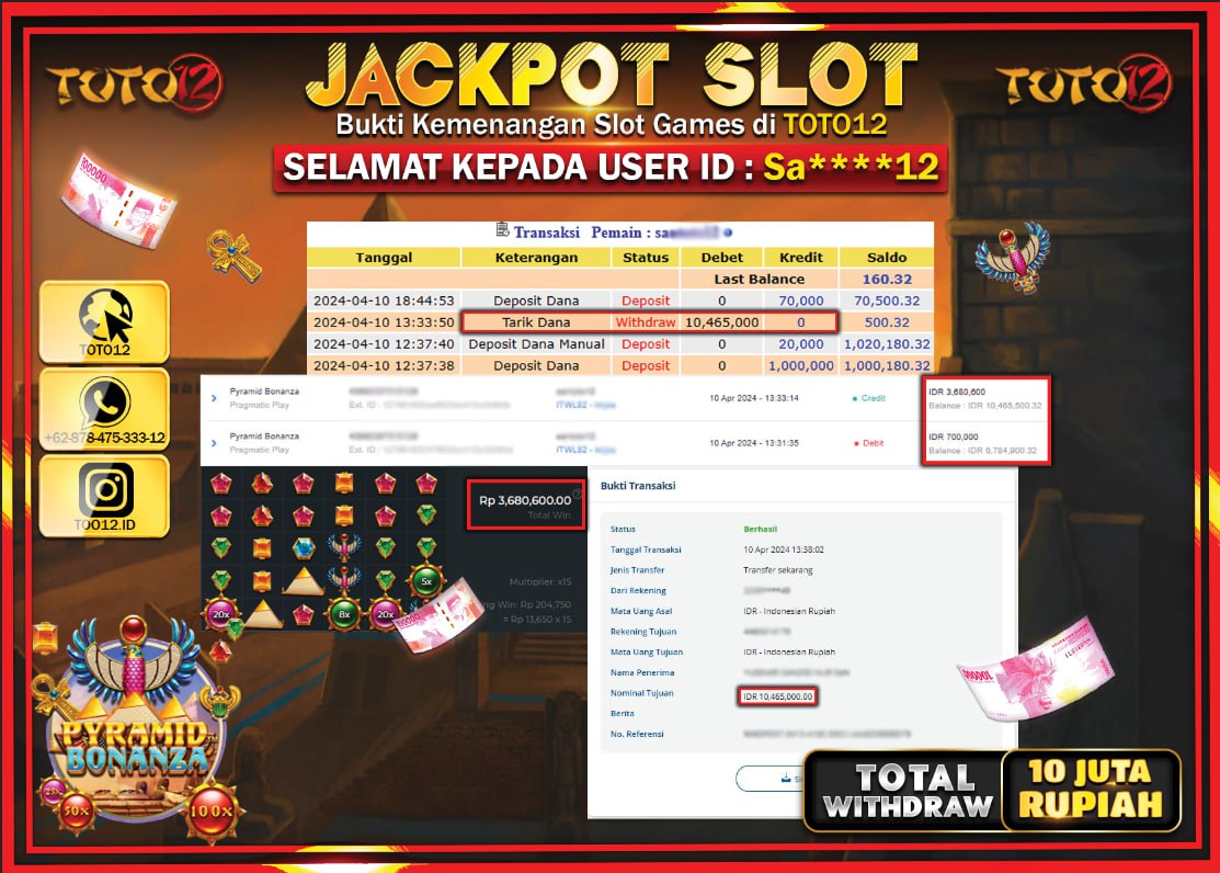HANYA DI TOTO12 JP PASTI DI BAYAR LUNAS DAN CEPAT!!!!!! JACKPOT SLOT GAME ( PYRAMID BONANZA ) Rp.10.000.000 !!!!
