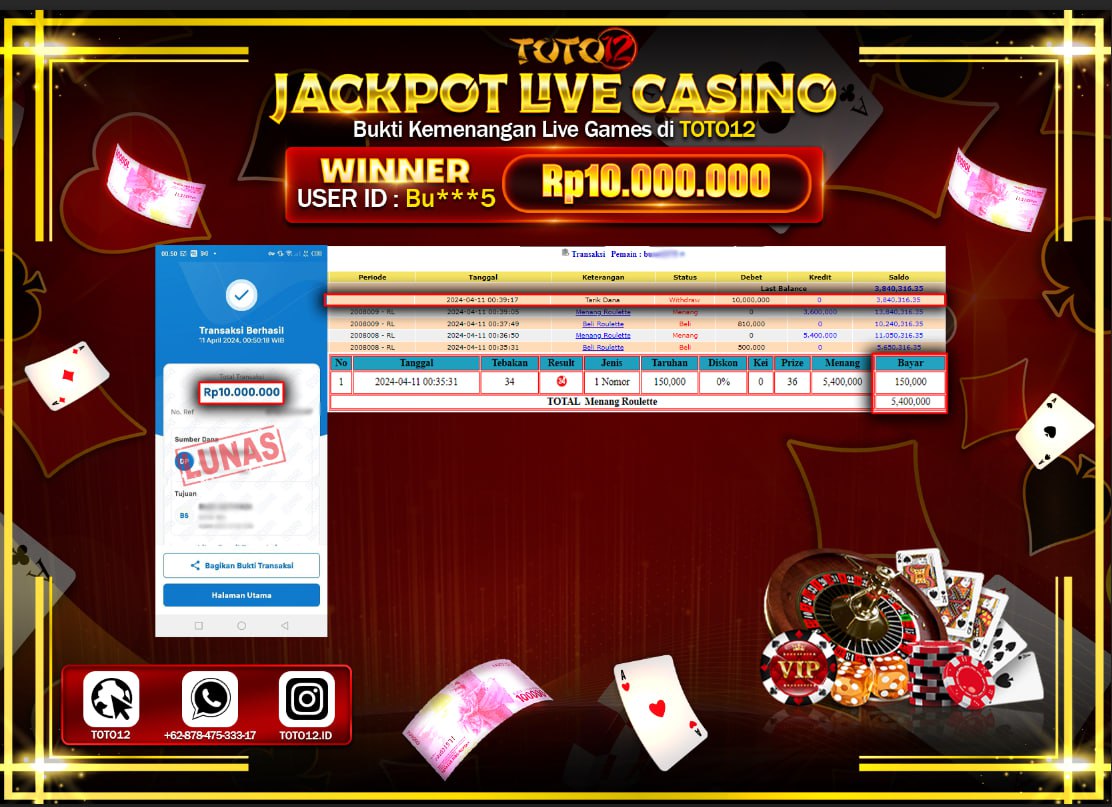 HANYA DI TOTO12 JP PASTI DI BAYAR LUNAS DAN CEPAT!!!!!! JACKPOT LIVE CASINO GAME ( ROULETTE ) Rp.10.000.000 !!!!