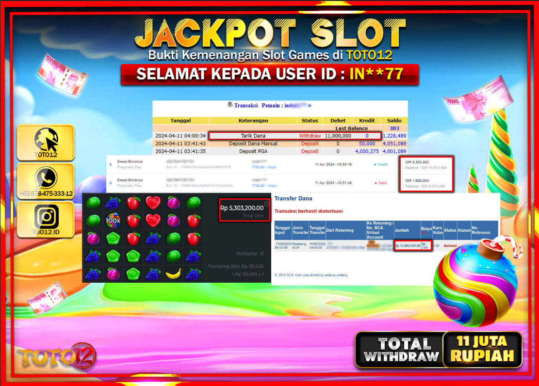 HANYA DI TOTO12 JP PASTI DI BAYAR LUNAS DAN CEPAT!!!!!! JACKPOT SLOT GAME ( SWEET BONANZA ) Rp.11.000.000 !!!!