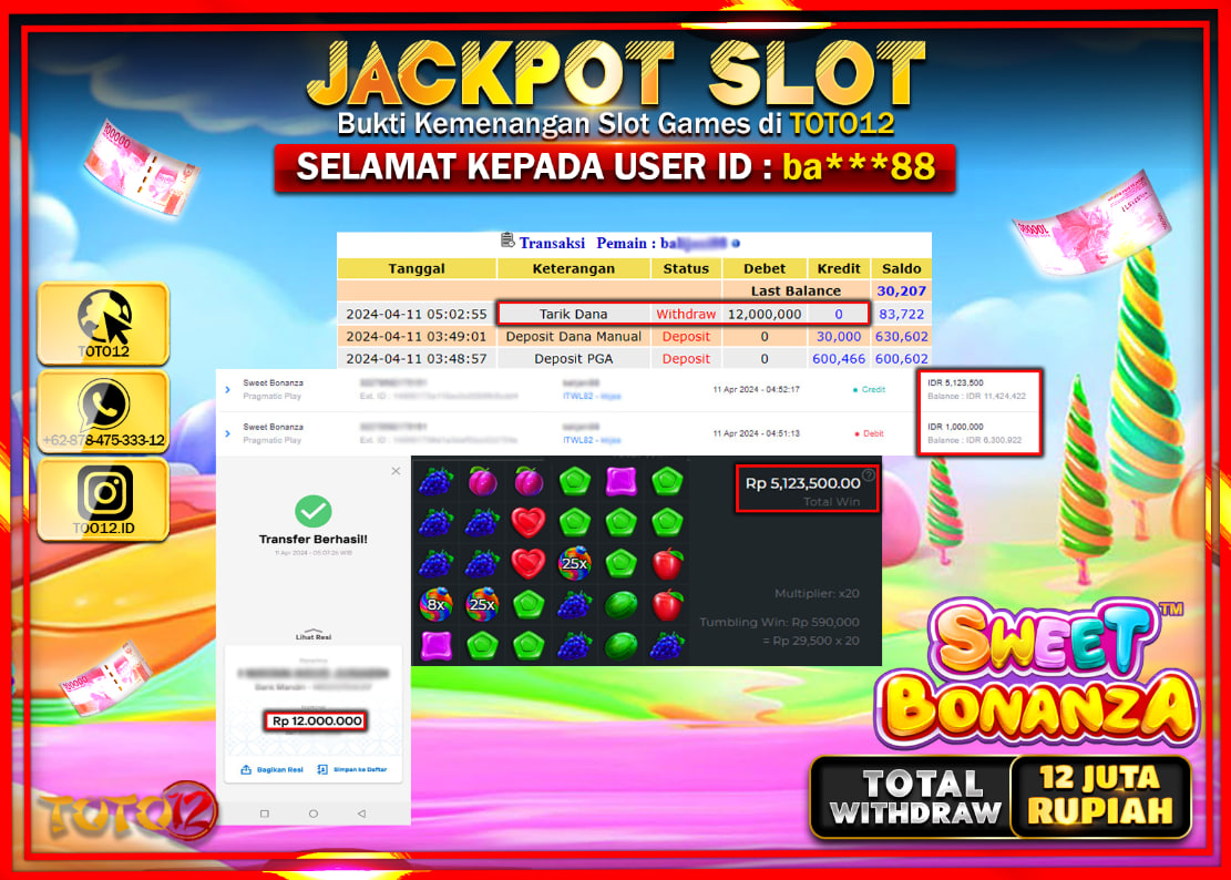 HANYA DI TOTO12 JP PASTI DI BAYAR LUNAS DAN CEPAT!!!!!! JACKPOT SLOT GAME ( SWEET BONANZA ) Rp.12.000.000 !!!!